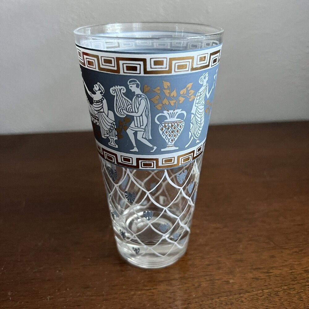 Vintage 1950’s Etruscan Frieze by Cera Glass Highball Glass 12 oz Blue